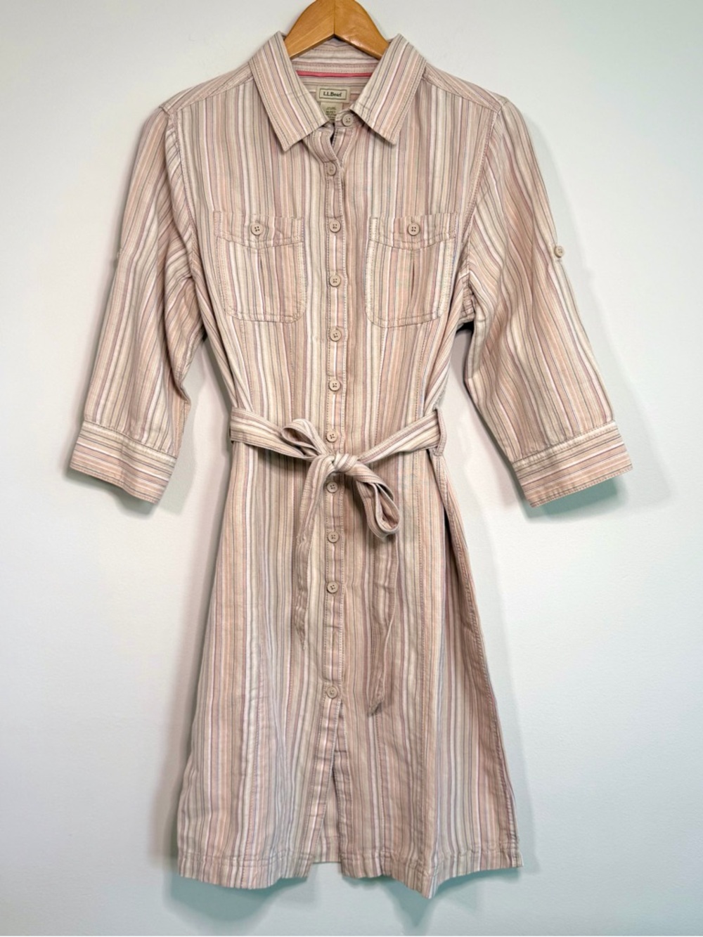 L.L. Bean Linen Blend Striped Pink Cream Button Up Midi Shirt Dress Size Medium